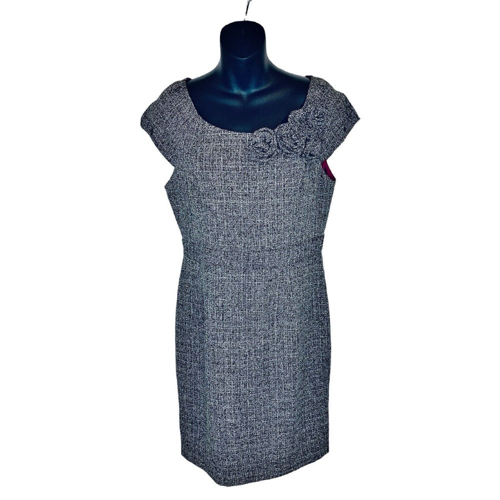 Muse Tweed Sheath Dress Rosettes Cap Sleeves‎ Size 10 Gray Black White Career
